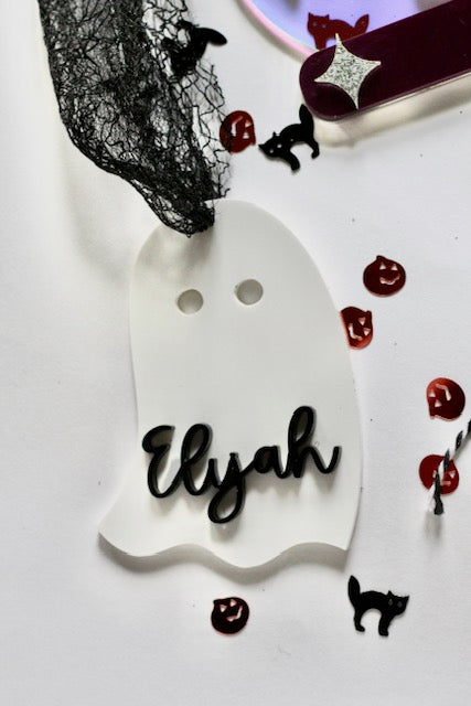 White Ghost Halloween Basket Tag Personalized