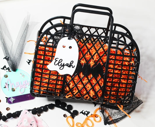 White Ghost Halloween Basket Tag Personalized